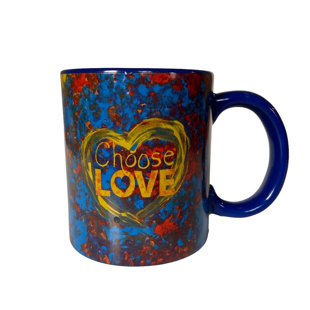 5/$25 PENZEYS Choose Love Coffee Mug Tea Cup with Handle Ceramic Blue Red Yellow